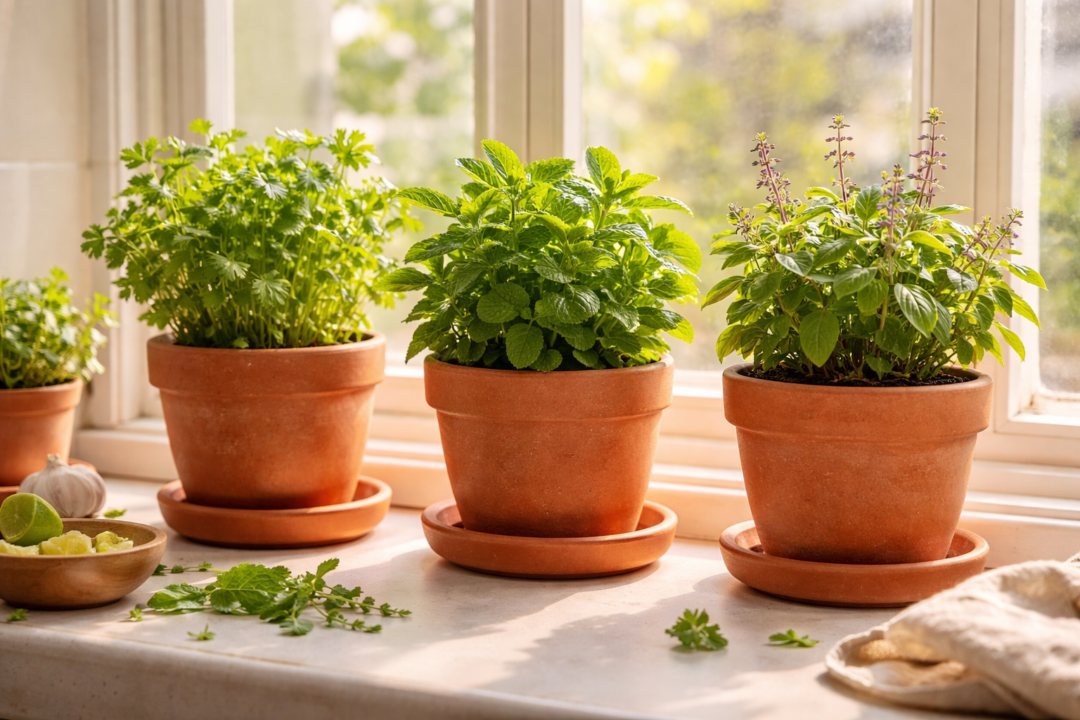 Fresh herb pots including coriander and mint growing on a kitchen windowsill in an Indian apartment